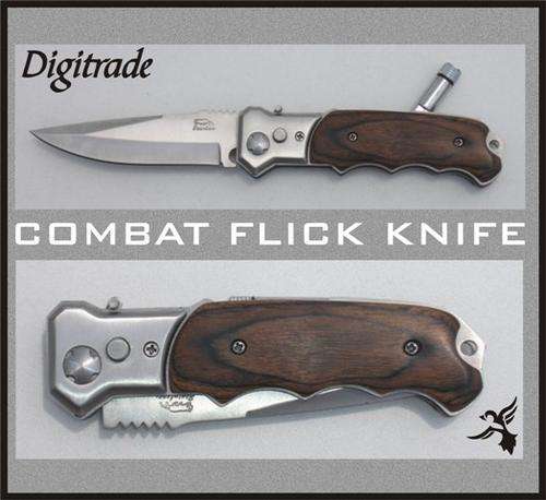 COMBAT FLICK KNIFE with a torch - Hardwood Finish Handle - QUALITY!! - *** ONLY HAPPY CLIENTS!!! ***