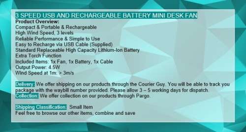 3 SPEED USB AND RECHARGEABLE BATTERY MINI DESK FAN