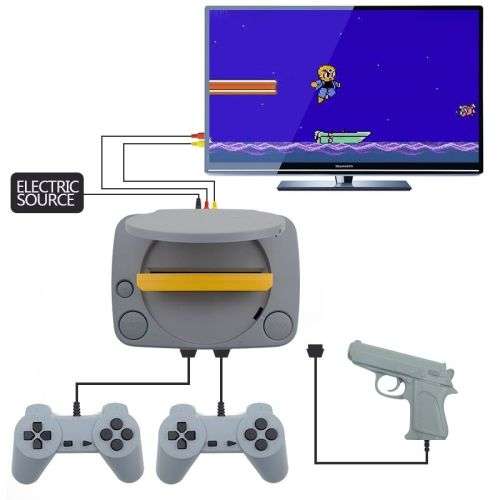 RETRO GAMING CONSOLE: SUPER 8 BIT PLUG & PLAY TV GAME WITH 2 GAME CONTROLLERS AND LASER GUN