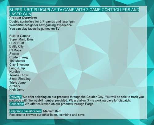 RETRO GAMING CONSOLE: SUPER 8 BIT PLUG&PLAY TV GAME WITH 2 GAME CONTROLLERS AND LASER GUN