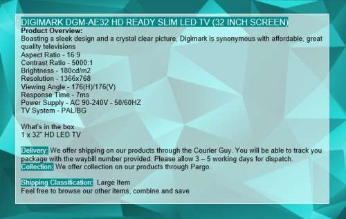 DIGIMARK DGM-AE32 HD READY SLIM LED TV (32 INCH SCREEN)