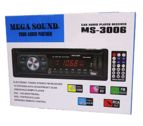BRAND NEW BOXED MEGA SOUND CAR RADIO (FM, USB, SD, AUX IN, RCA OUT) WITH REMOTE