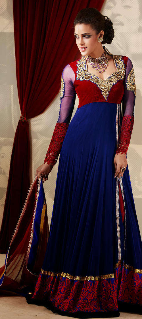 EXQUISITE BLUE & DEEP RED INDO-WESTERN GOWN (SEMI-STITCHED) !!!