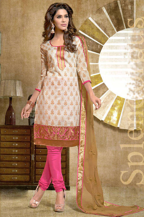 IN STOCK!!! CREAM & PINK COTTON PUNJABI/SALWAR (SEMI-STITCHED) !!!