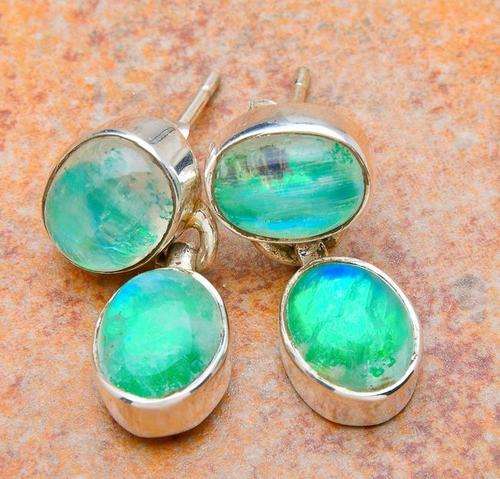 SHIMMERING GREEN RAINBOW MOONSTONE .925 SOLID STERLING SILVER EARRINGS - RARE AND PRECIOUS!