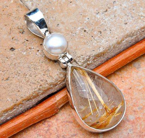 ABSOLUTELY AMAZING RUTILE QUARTZ & PEARL .925 SOLID STERLING SILVER PENDANT!