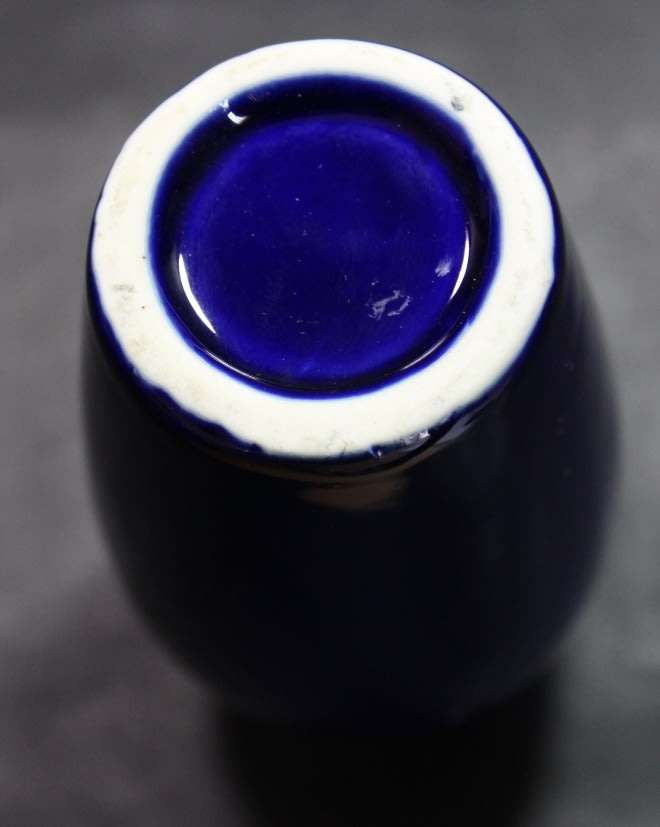 Miniature Blue Vase Two Peacocks Pattern with Gold Trim.