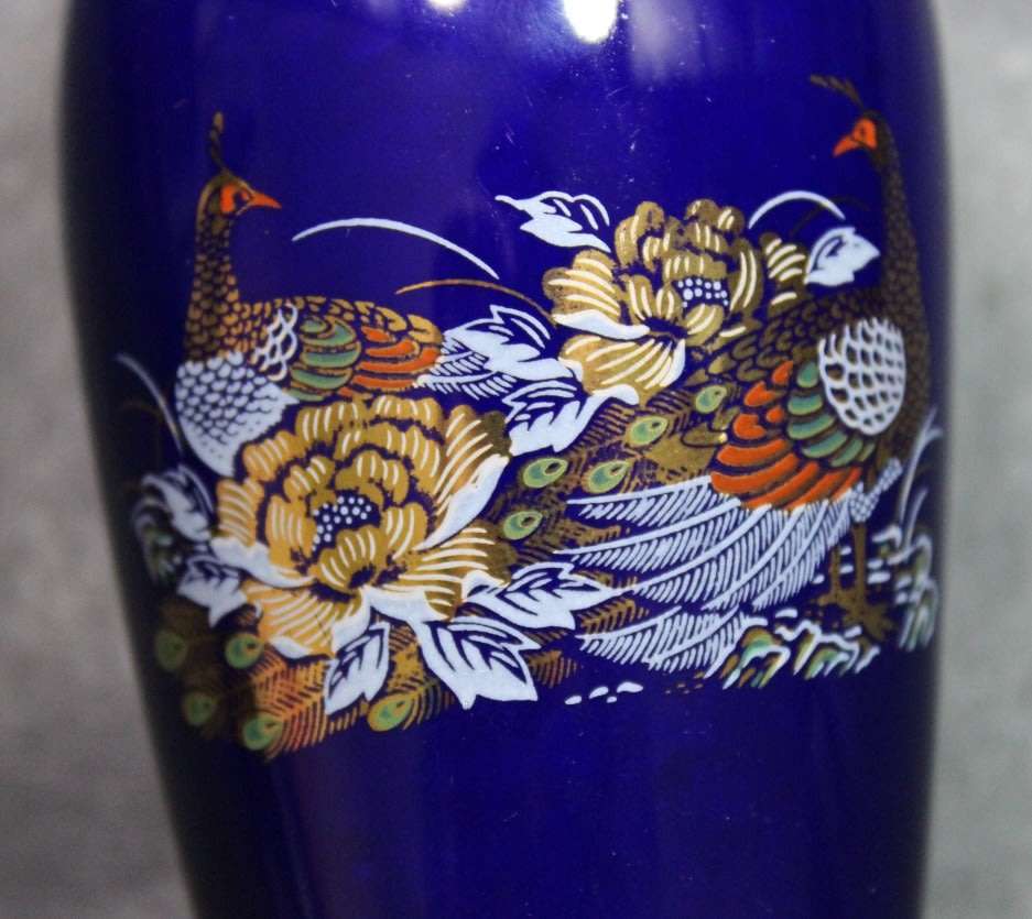 Miniature Blue Vase Two Peacocks Pattern with Gold Trim.