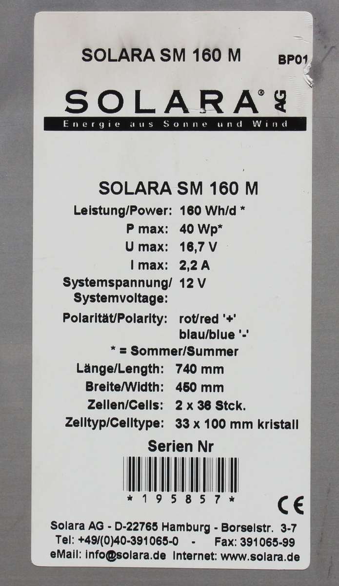 Solara SM 160M 40Watt Thinfilm Aluminium backed Solar Panel.