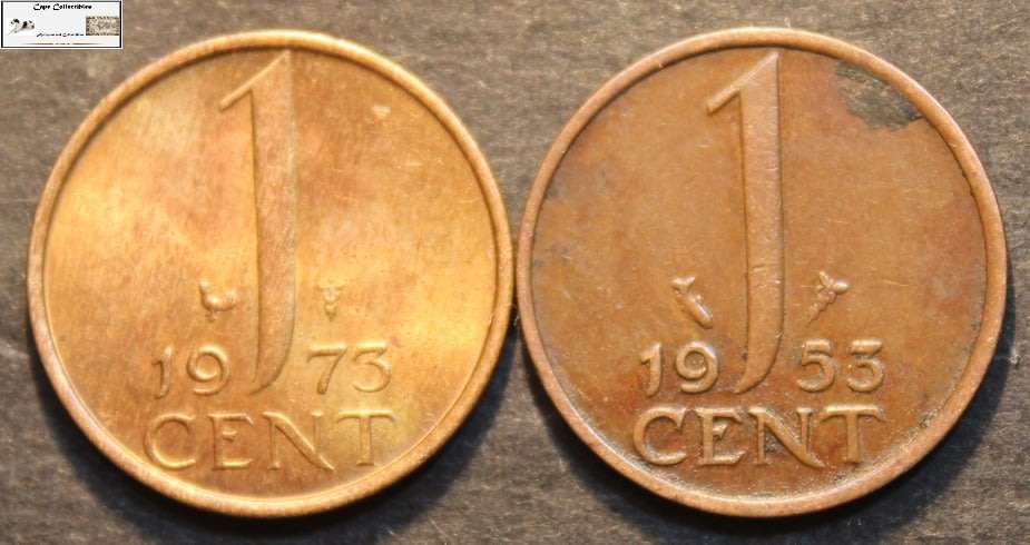 Netherlands 1953 and 1973 1 Cent Coin (Two) VF20.