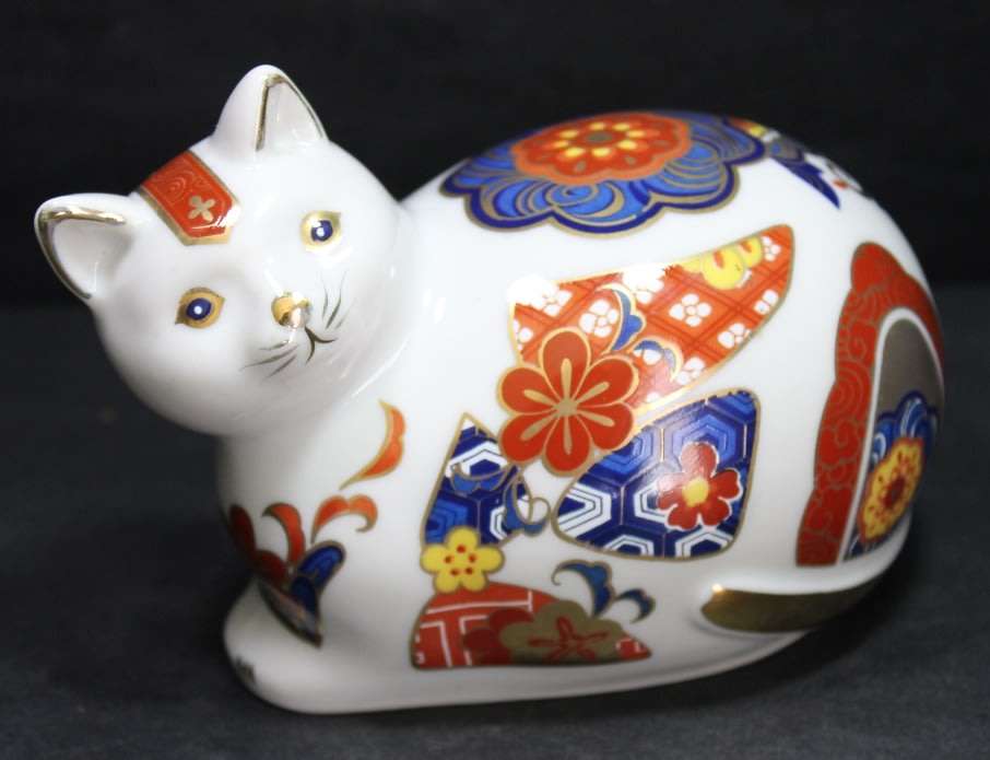 Colourfully Decorated Porcelain Ornamental Cat from Japan