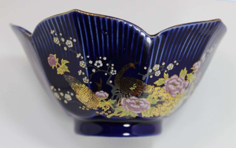 Japanese Royal Blue Bowl with Lotus Flowers and Peacocks.