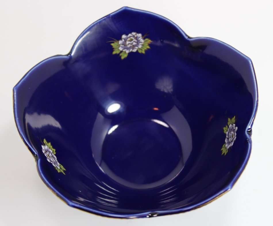 Japanese Royal Blue Bowl with Lotus Flowers and Peacocks.