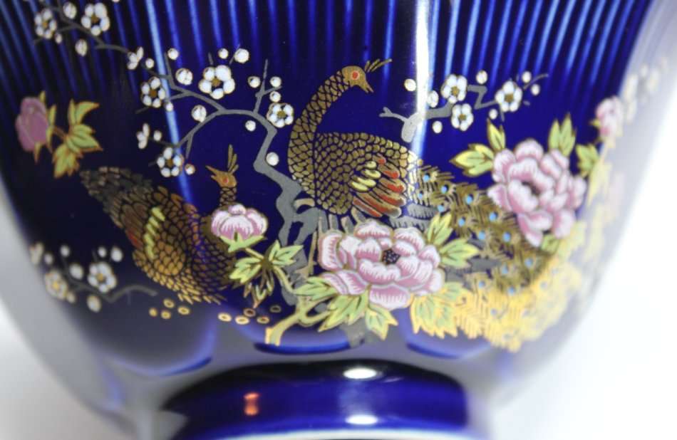 Japanese Royal Blue Bowl with Lotus Flowers and Peacocks.