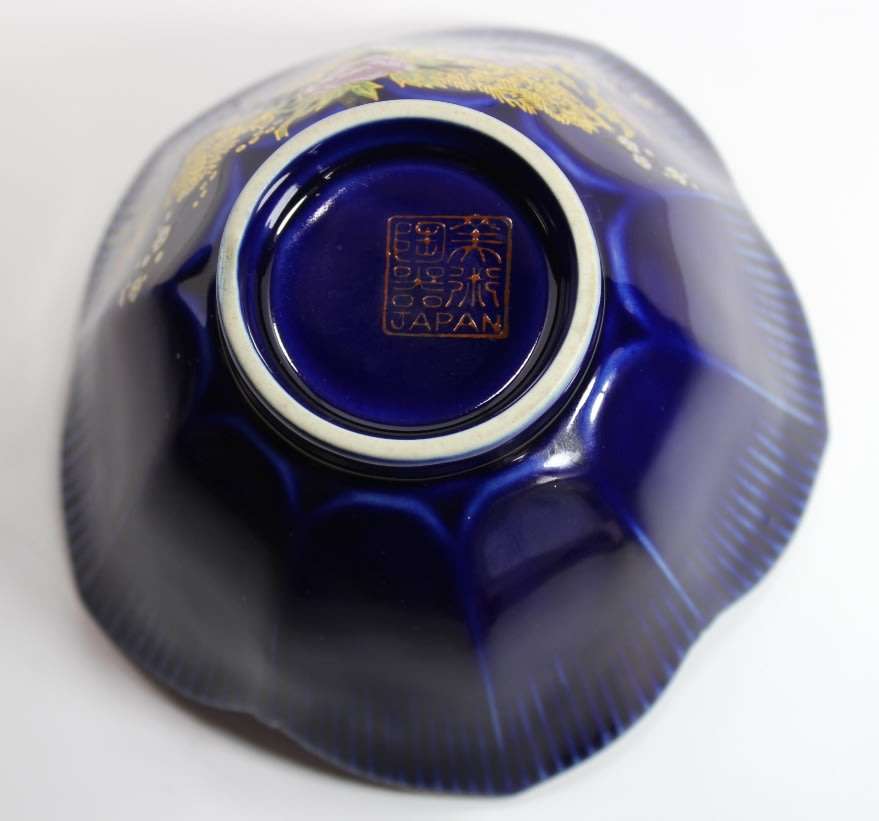 Japanese Royal Blue Bowl with Lotus Flowers and Peacocks.