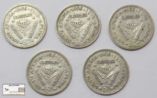 South Africa 3 Pence 1956 Coin (Five) VF20
