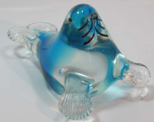 Playful Baby Seal Glass Ornament in Blue