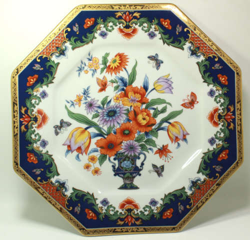Eiwa Kinsei Hexagonal Shaped Japan Plate, Colourful Vase with Flowers and Gold Trim