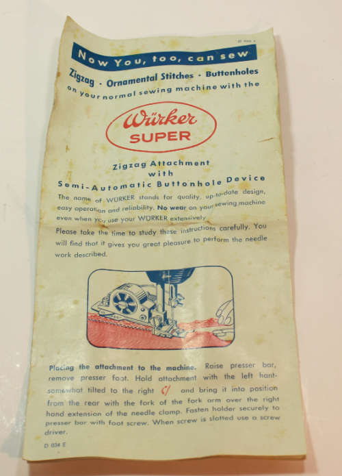 Wurker Super Zigzag Buttonhole Attachment For Singer and Pfaff High Shank Sewing Machines