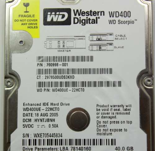 Legacy Western Digital WD400 40GB 2.5` IDE Laptop Hard Drive