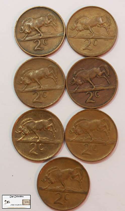 South Africa 2 Cent 1965/1979/1983x2/1984/1988/1986 (Seven) Coins EF40 Circulated