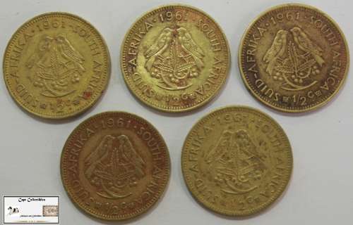 South Africa 1/2 Cent 1961 x 5 Coins VF20 Circulated