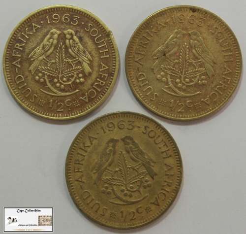 South Africa 1/2 Cent 1963 x 3 Coins VF20 Circulated