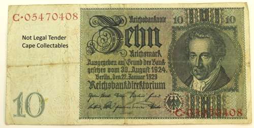 Germany 10 Reichsmark Bank Note 1929 (Fine) Circulated