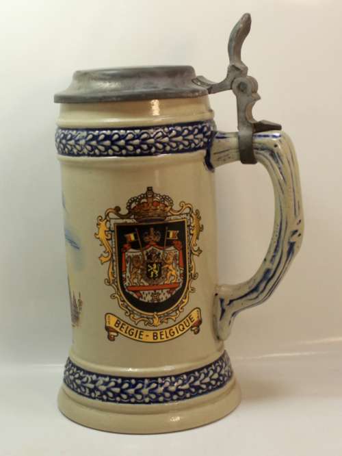 Belgium Souvenir Tall Stein With Pewter Lid Handpainted by Armin Bay