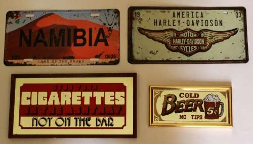 4 x Bar Signs and Mirrors - Namibia & Harley Davidson Plates & Cold Beer & Cigarettes