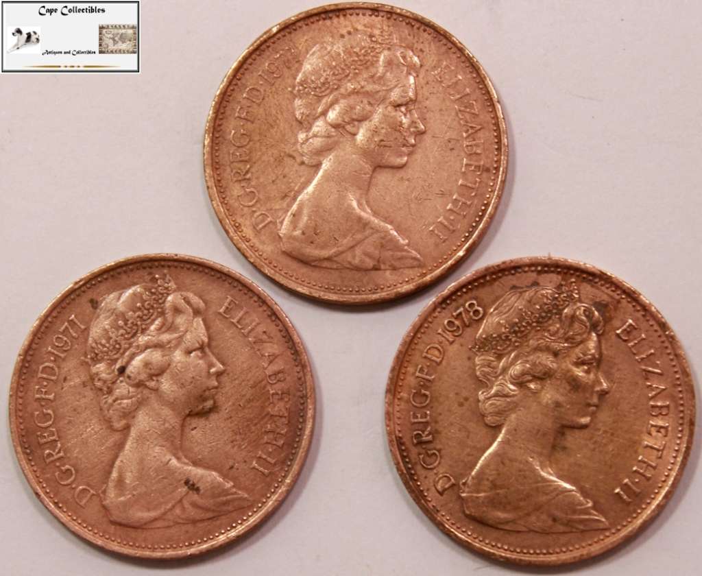United Kingdom 2 New Pence 2 x 1971, 1 x 1978 (Three Coins) Circulated