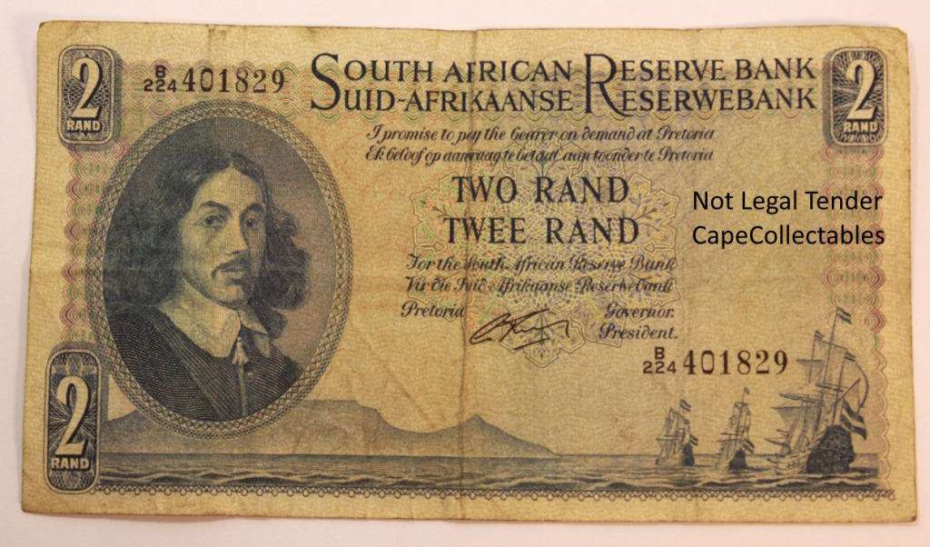 South Africa 2 Rand Bank Note JVR Watermark G Rissik 1962 (Fine) Circulated
