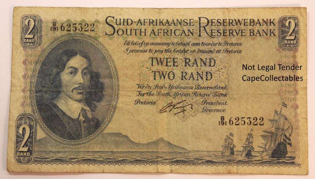 South Africa 2 Rand Bank Note JVR Watermark G Rissik 1962 (Fine) Circulated