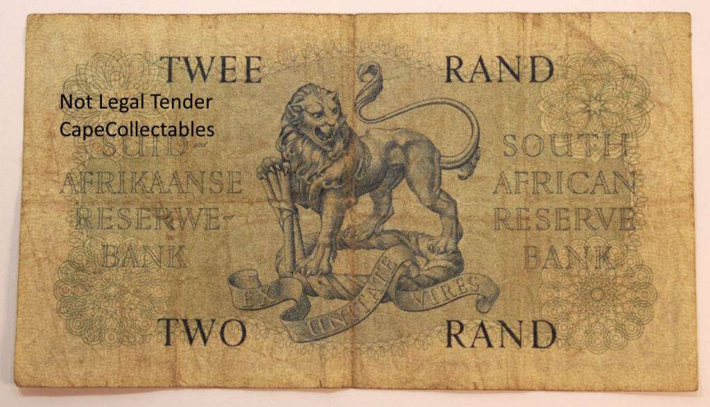 South Africa 2 Rand Bank Note JVR Watermark G Rissik 1962 (Fine) Circulated