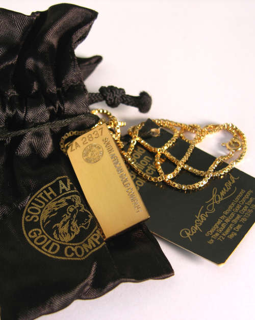 South African Gold Company `Bullion Collection` 24 Karat Gold Bar Pendant with Gold Chain Necklace.