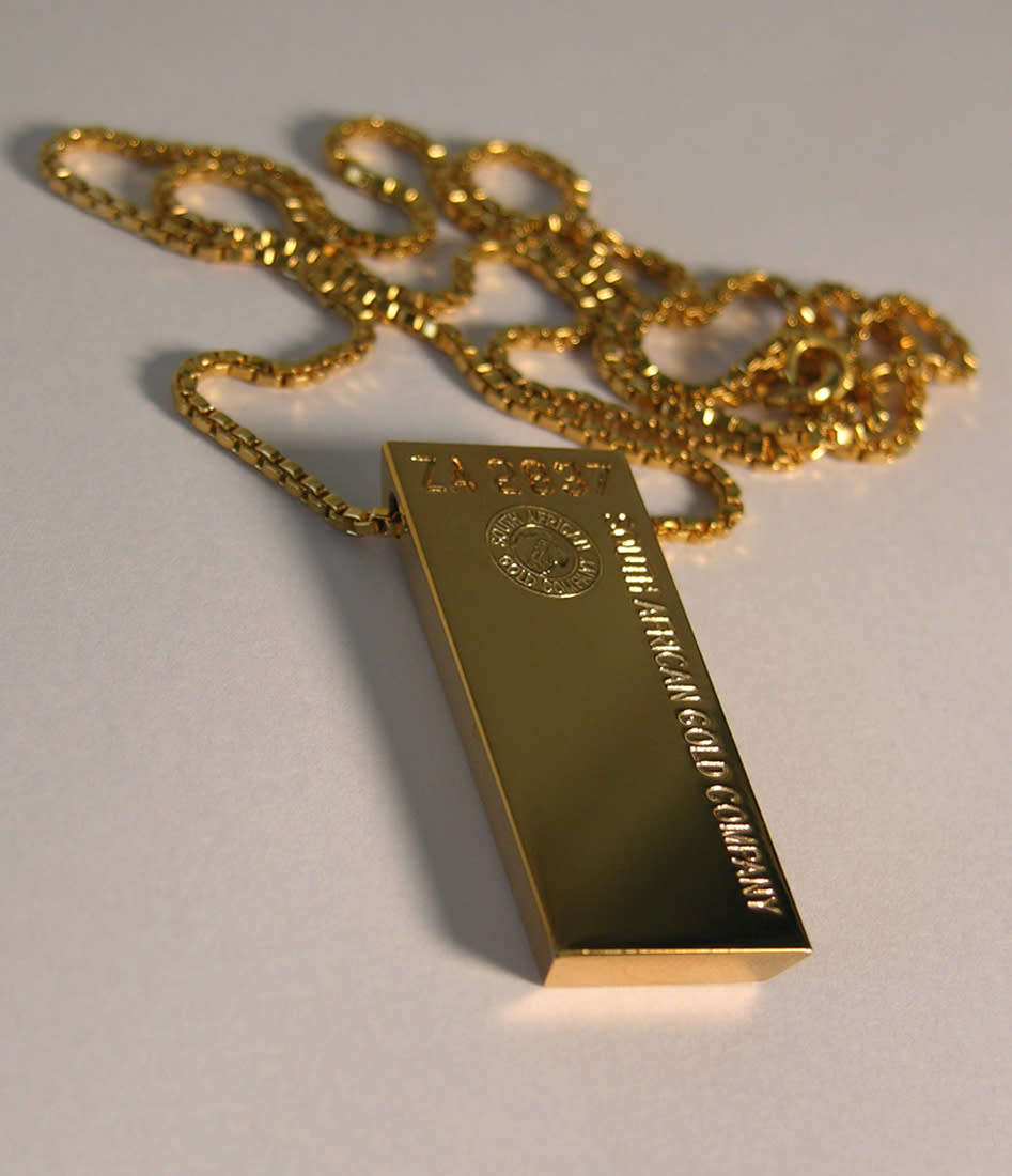 Large Size South African Gold Company 24Kt Gold Bar Pendant with 54cm Gold Chain Necklace
