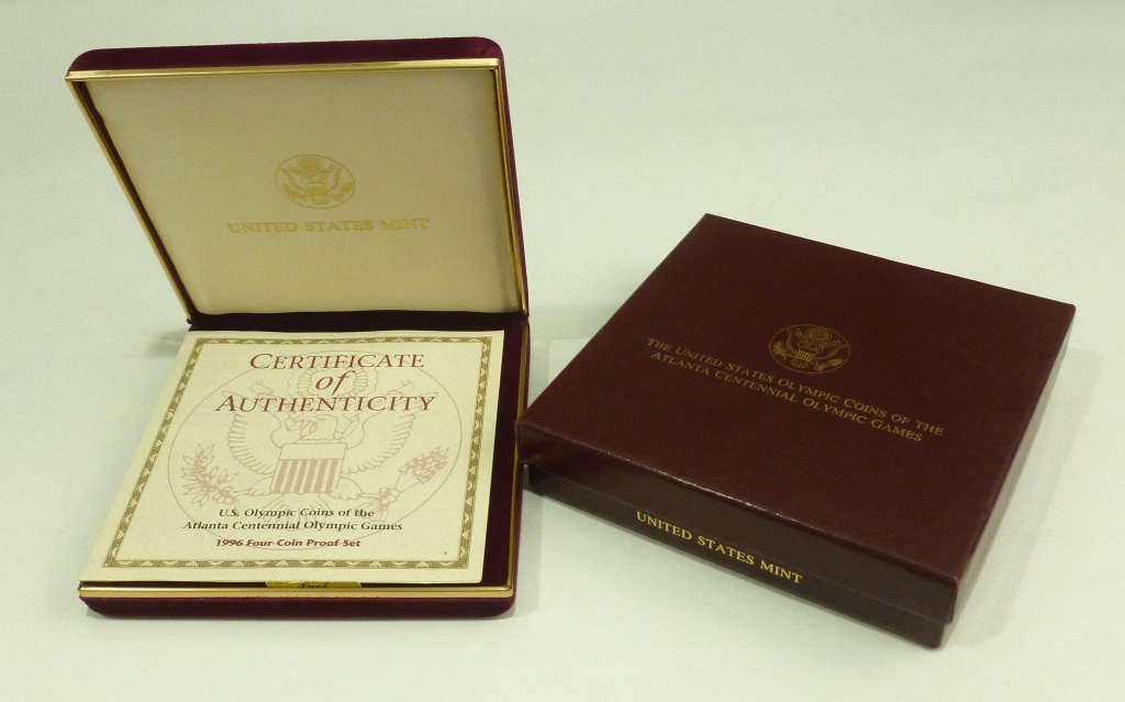 1996 Atlanta Olympics Proof Set with Two Silver Dollars & One-Half Dollar in Original Box and COA.