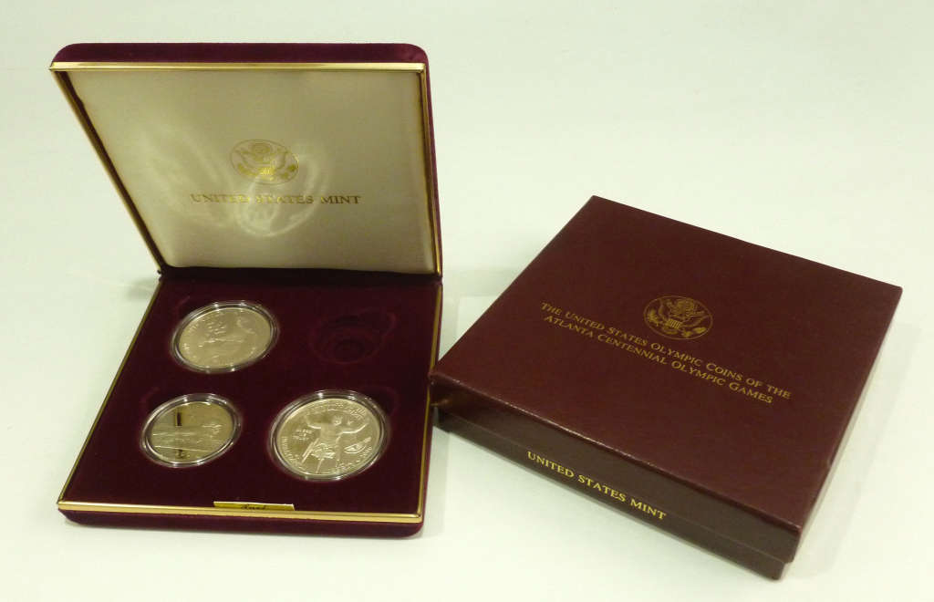 1996 Atlanta Olympics Proof Set with Two Silver Dollars & One-Half Dollar in Original Box and COA.
