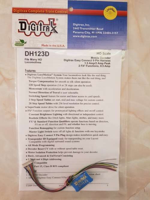 Digitrax DH123D 1.5 Amp HO Scale Mobile DCC Decoder with Wired Interface.