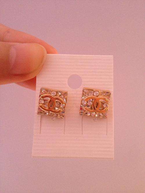 Chanel Logo Style Square Crystal Earring Studs - Gold, Silver