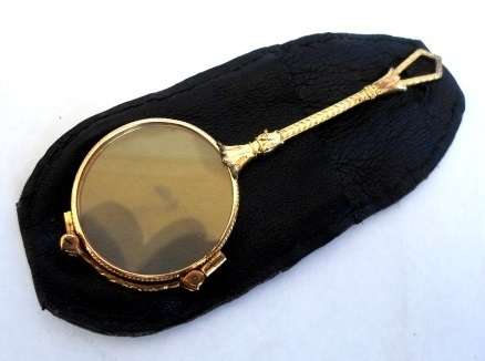 RARE!! c1910 EDWARDIAN SPRING LOADED LORGNETTE IN ORIGINAL SOFT LEATHER POUCH
