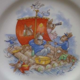 VINTAGE 1936 Royal Doulton Bunnykins plate. Theme; "Bunnies rafting"