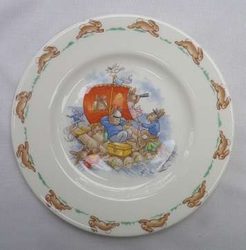 VINTAGE 1936 Royal Doulton Bunnykins plate. Theme; "Bunnies rafting"