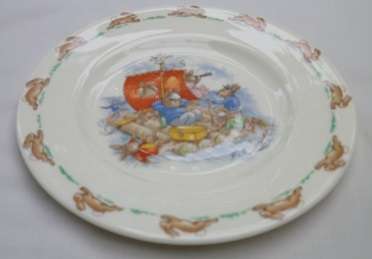 VINTAGE 1936 Royal Doulton Bunnykins plate. Theme; "Bunnies rafting"
