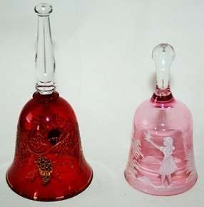 PERFECT for CHRISTMAS!! - Mary Gregory bell-shaped pink & red glass table decorations.