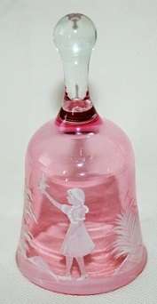 PERFECT for CHRISTMAS!! - Mary Gregory bell-shaped pink & red glass table decorations.
