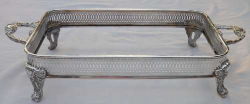 MAGNIFICENT ORNATE SILVER-PLATED RECTANGULAR LIDDED WARMING DISH HOLDER WITH GLASS INNER