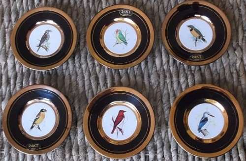 Six beautiful Japanese 24 Carat Gold & enamel on porcelain small bird plates. 10.3 cm