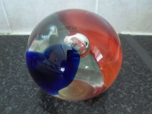 Genuine MURANO large paper weight, blue and red swirl with original paper label