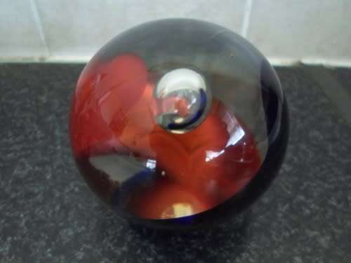 Genuine MURANO large paper weight, blue and red swirl with original paper label